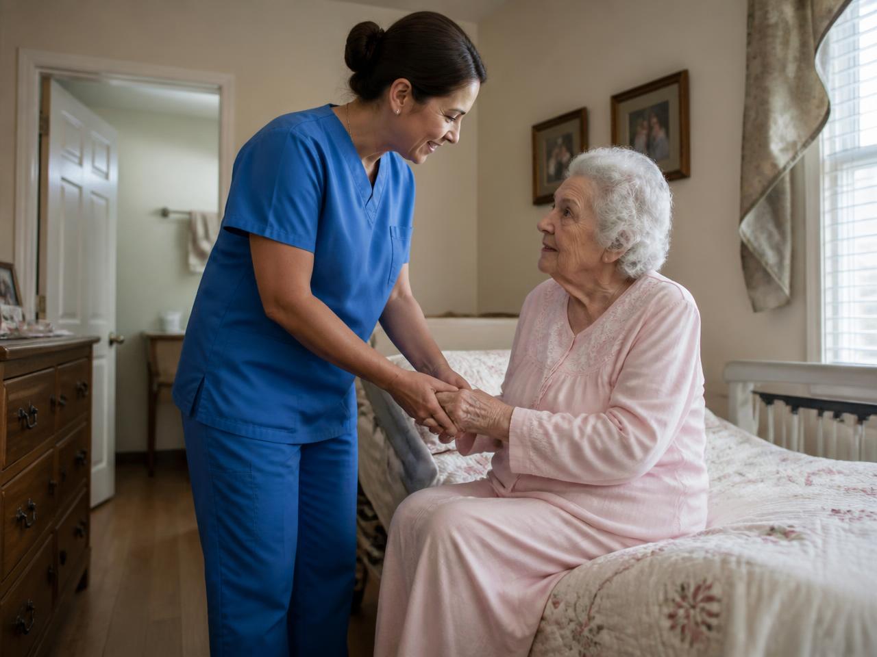 Caregiver warmly assisting a senior patient in a care facility