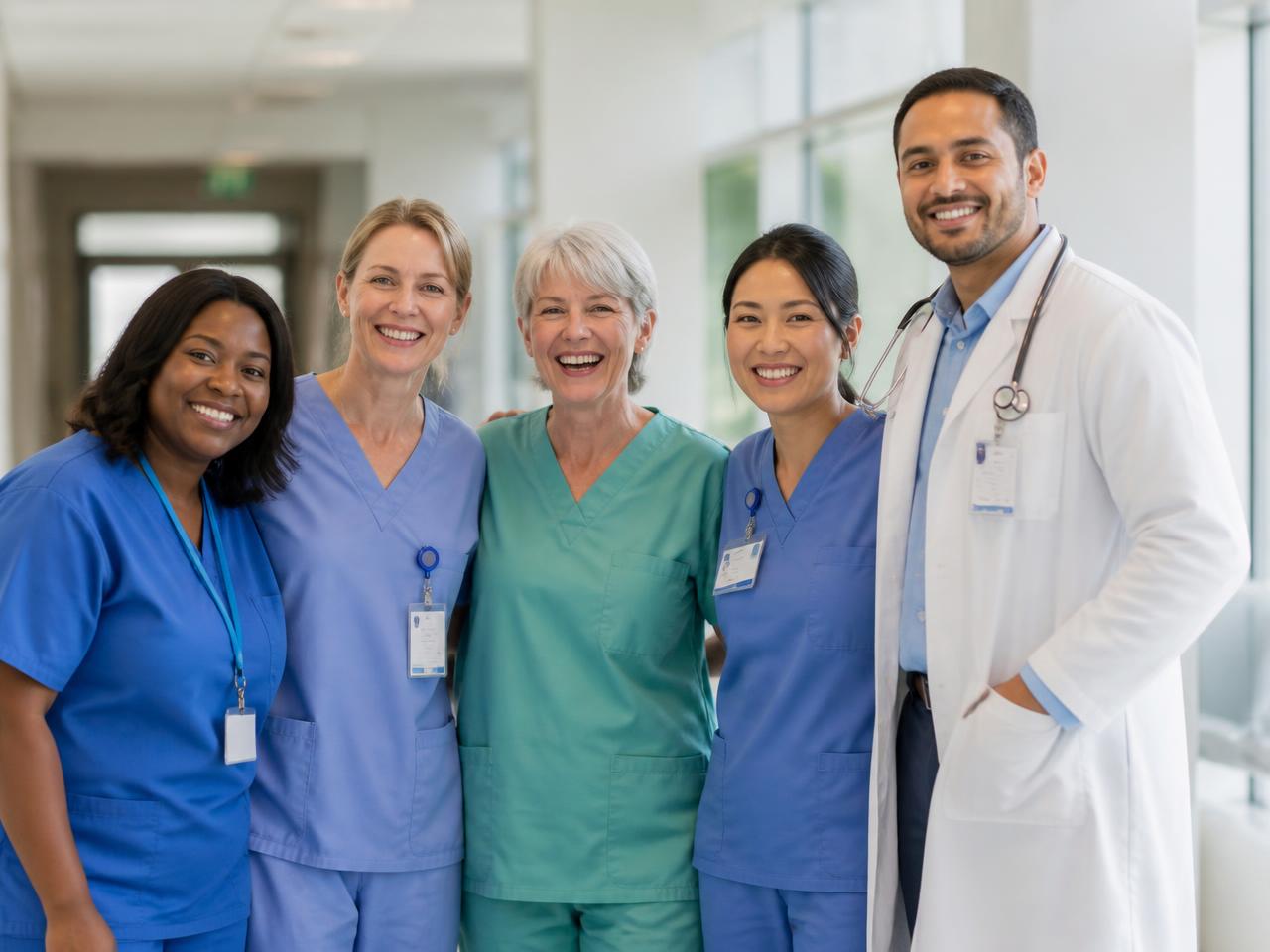 Team of nurses and doctors standing in a hospital corridor