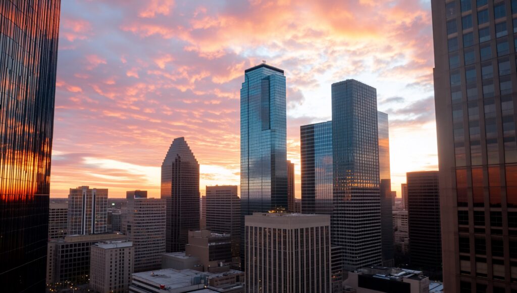 City skyline at sunset with colorful clouds and modern buildings.